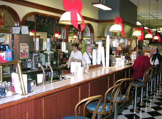 soda fountain and lunch counter at the Corner Pharmacy