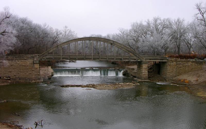 Soden's Dam Falls and Soden's Grove Bridge in winter