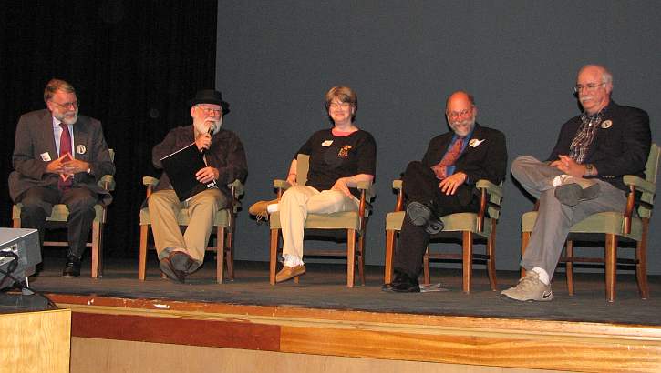 Frank Scheide, James M. Welsh, Tracey Doyle, Thomas Prasch, John Carter Tibbetts on stage at Buster Keaton Celebration.