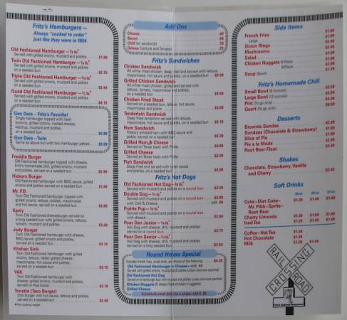 Fritz's Railroad Restaurant menu