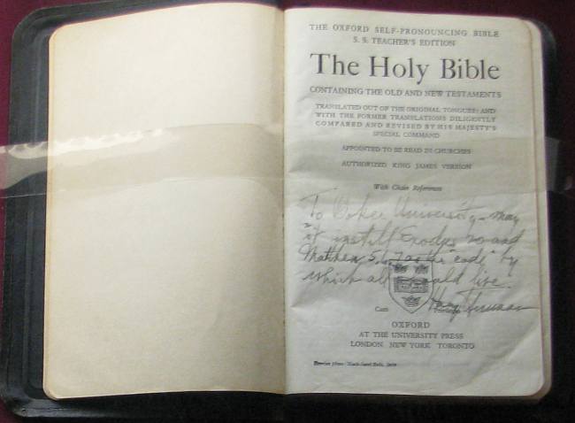 Bible inscribed by President Harry Truman.