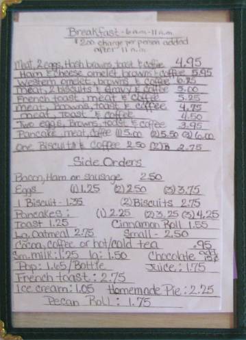 Curtis Cafe breakfast menu