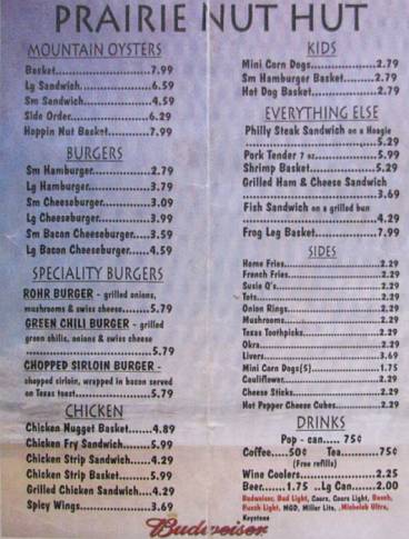 Prairie Nut Hut Menu
