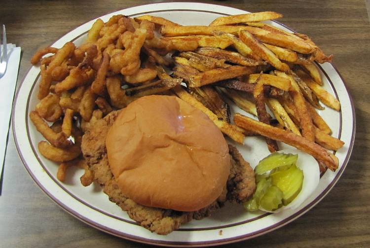 pork tenderloin), onion straws, French fries