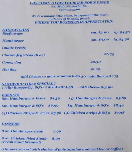 Beef Burger Bob's sandwich menu