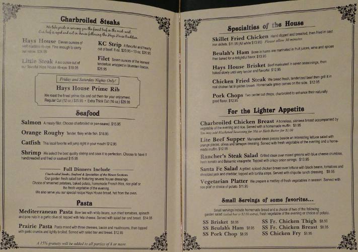 Hays House Menu - Council Grove, Kansas