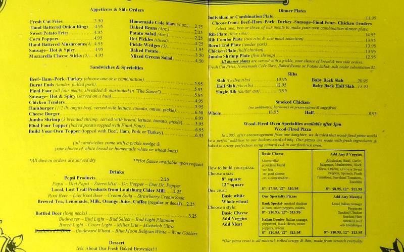 Hillsdale Bank Bar-B-Q menu