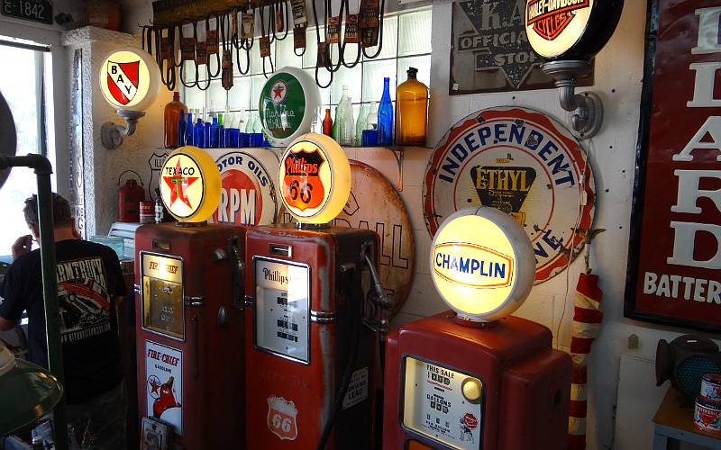 Antique Texaco, Phillips 66 and Mobil Oil gas pumps