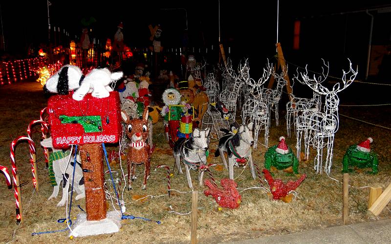 Snoopy mailbox, lighted reindeer and deer