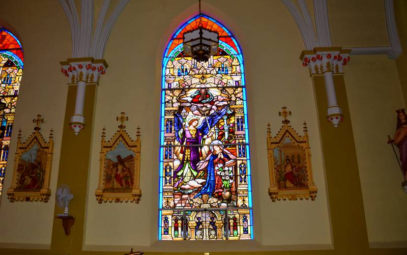 Stained glasss window at St. Bede Catholic Church