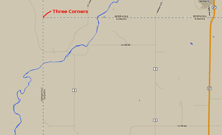 Three Corners Tripoint Map - Arikaree Breaks, Kansas