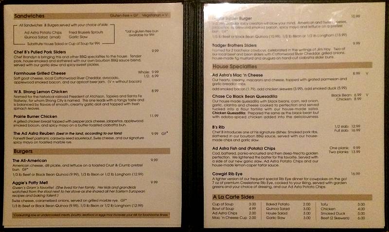 Ad Astra menu - burgers, sandwiches and entrees