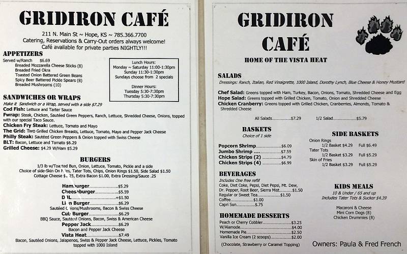 Gridiron Cafe Menu - Hope, Kansas