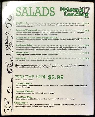 Nelson's Landing sald and kid menu
