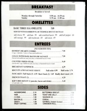 Homer's breakfast menu