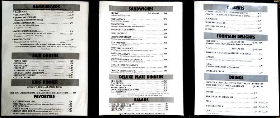 Homer's Drive Inn menu