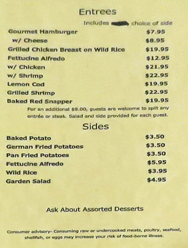 Majestic Theater Restaurant entree menu - Scott City, Kansas