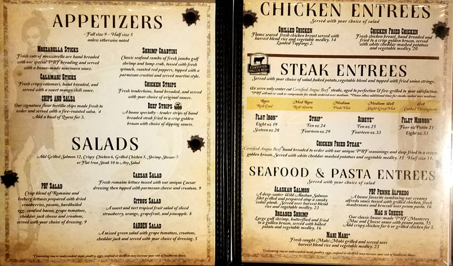 Pretty Boy Floyd's Menu - Ellsworth, Kansas