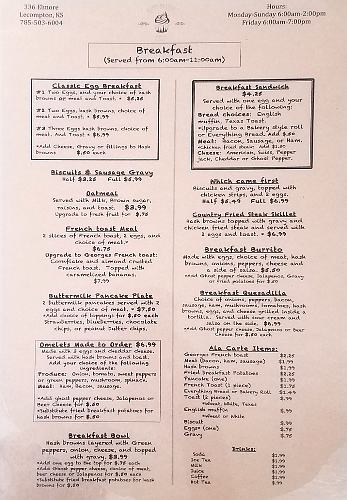 Aunt Netters Cafe Breakfast Menu - Lecompton, Kansas