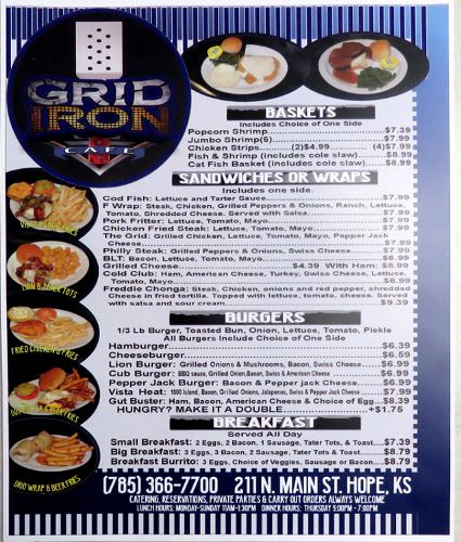 Gridiron Cafe Menu - Hope, Kansas