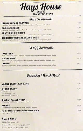 Hays House Restaurant breakfast menu