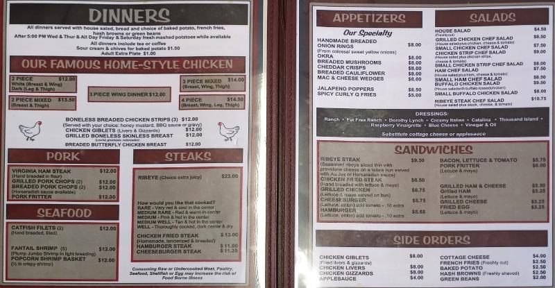 Chicken House Menu - Olpe, Kansas