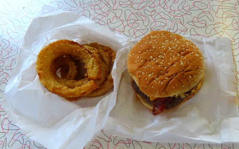 Onion rings and a bacon cheeseburger at Jiffy Burger
