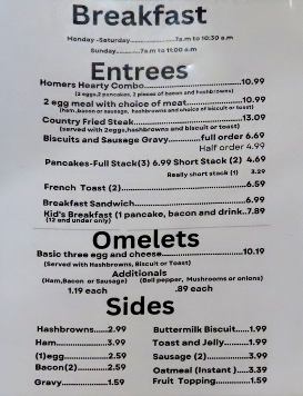 Homer's breakfast menu