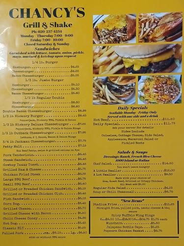 Chancy's Grill & Shake Menu - Moran, Kansas