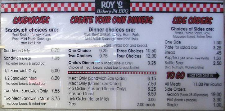Roy's Hickory Pit BBQ Menu