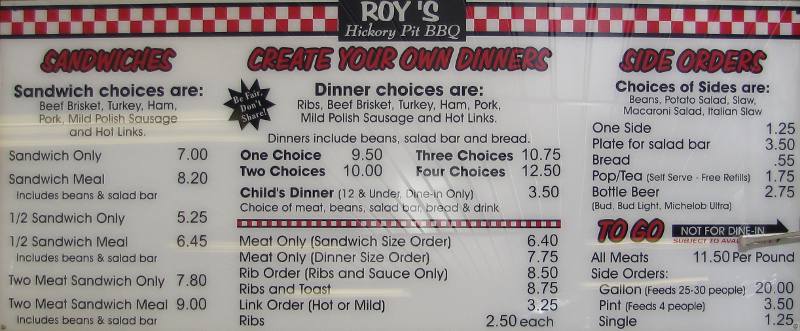 Roy's Hickory Pit BBQ Menu
