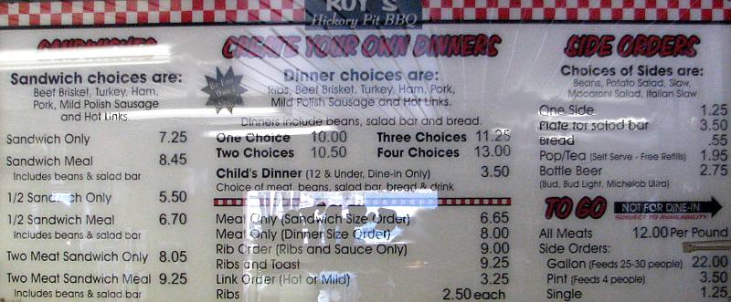 Roy's Hickory Pit BBQ Menu