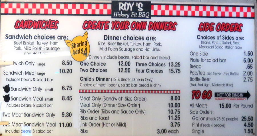 Roy's Hickory Pit BBQ Menu