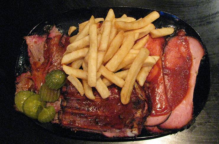 Gates Bar-B-Q Combination plate - three ribs, beef brisket, ham