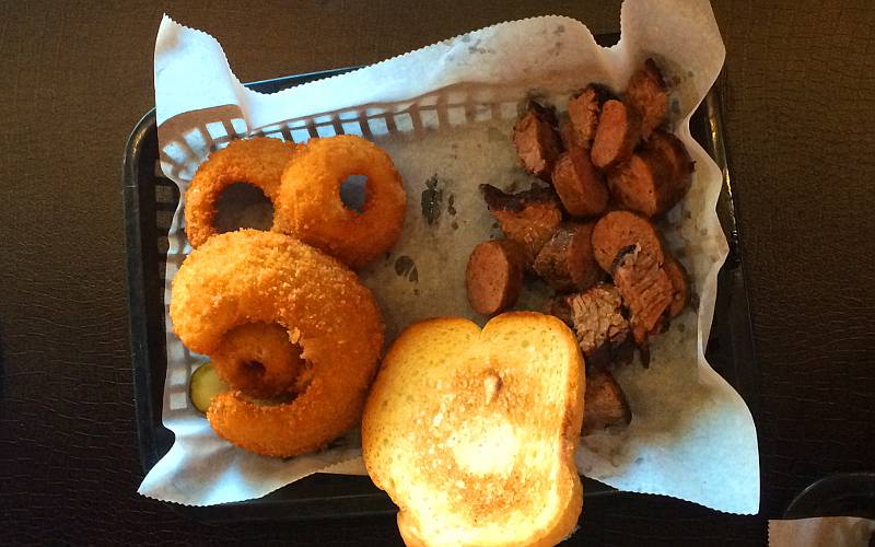 Onion rings, sausage and burnt ends at The Stack in Kansas City