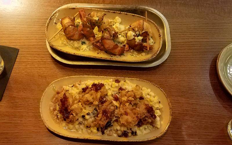 Bacon wrapped shrimp and chicken fried oysters