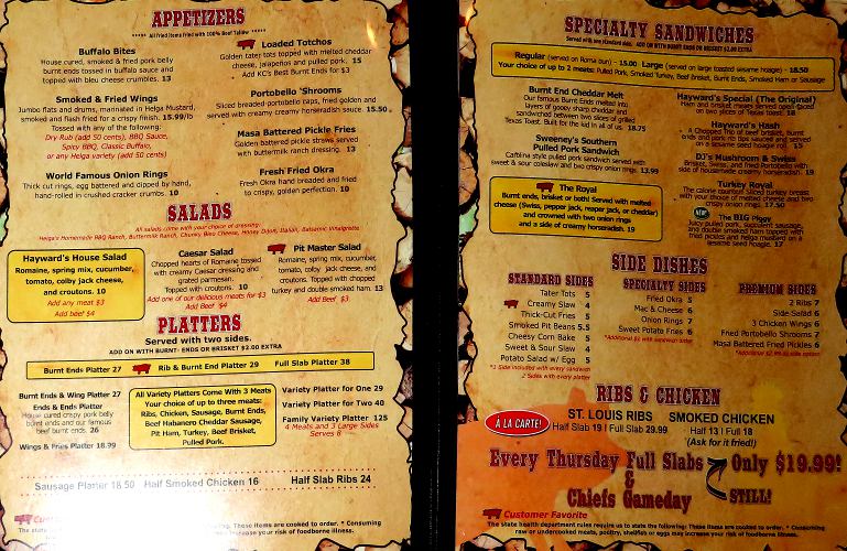 Hayward's Pit Bar B Que Menu - Shawnee, Kansas