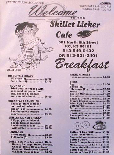 Skillet Licker Cafe breakfast menu