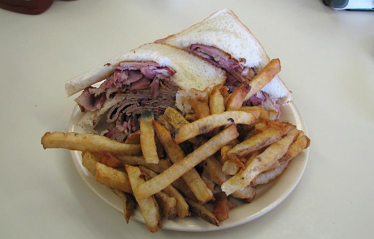 Beef and pork combo sandwich at Arthur Bryant's BBQ.