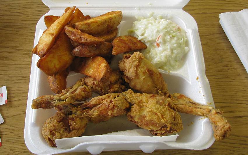 Frog legs and potato wedges at Mad Jack's Fresh Fish restaurant