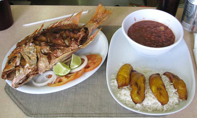 red snapper with rice, beans, and fried plantin