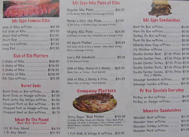 Mr Epp's K.C. Barbeque menu