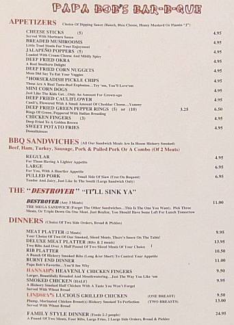 Papa Bob's Bar-B-Que menu