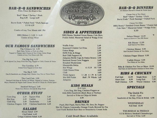 Quick's BBQ menu - Kansas City, Kansas