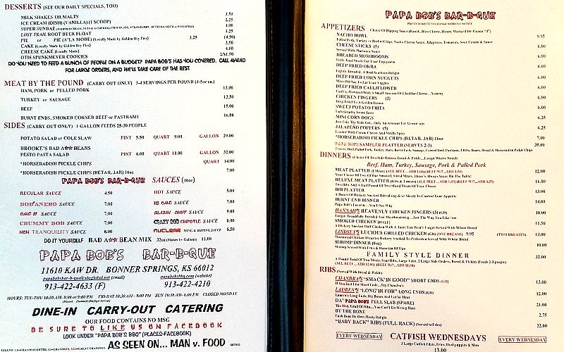 Papa Bob's Bar-B-Que menu - Bonner Springs, Kansas