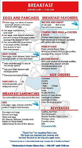 Fritz's Railroad Restaurant Breakfast menu