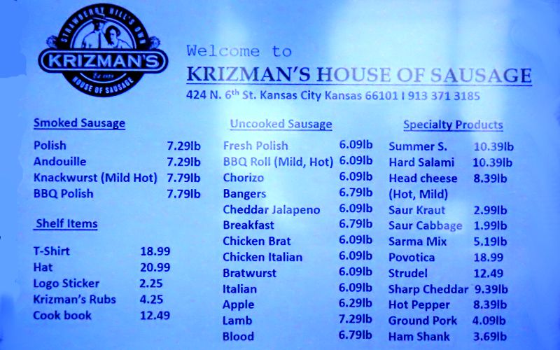 Krizman's House of Sausage Menu - Kansas City, Kansas