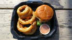 Bue Moon burger and onion rings at Burg and Barrel