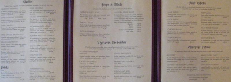 Aladdin's Cafe menu