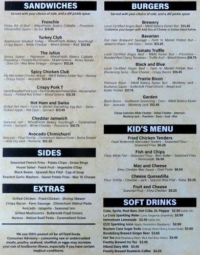 Free State Brewing Company sandwich and burger menu